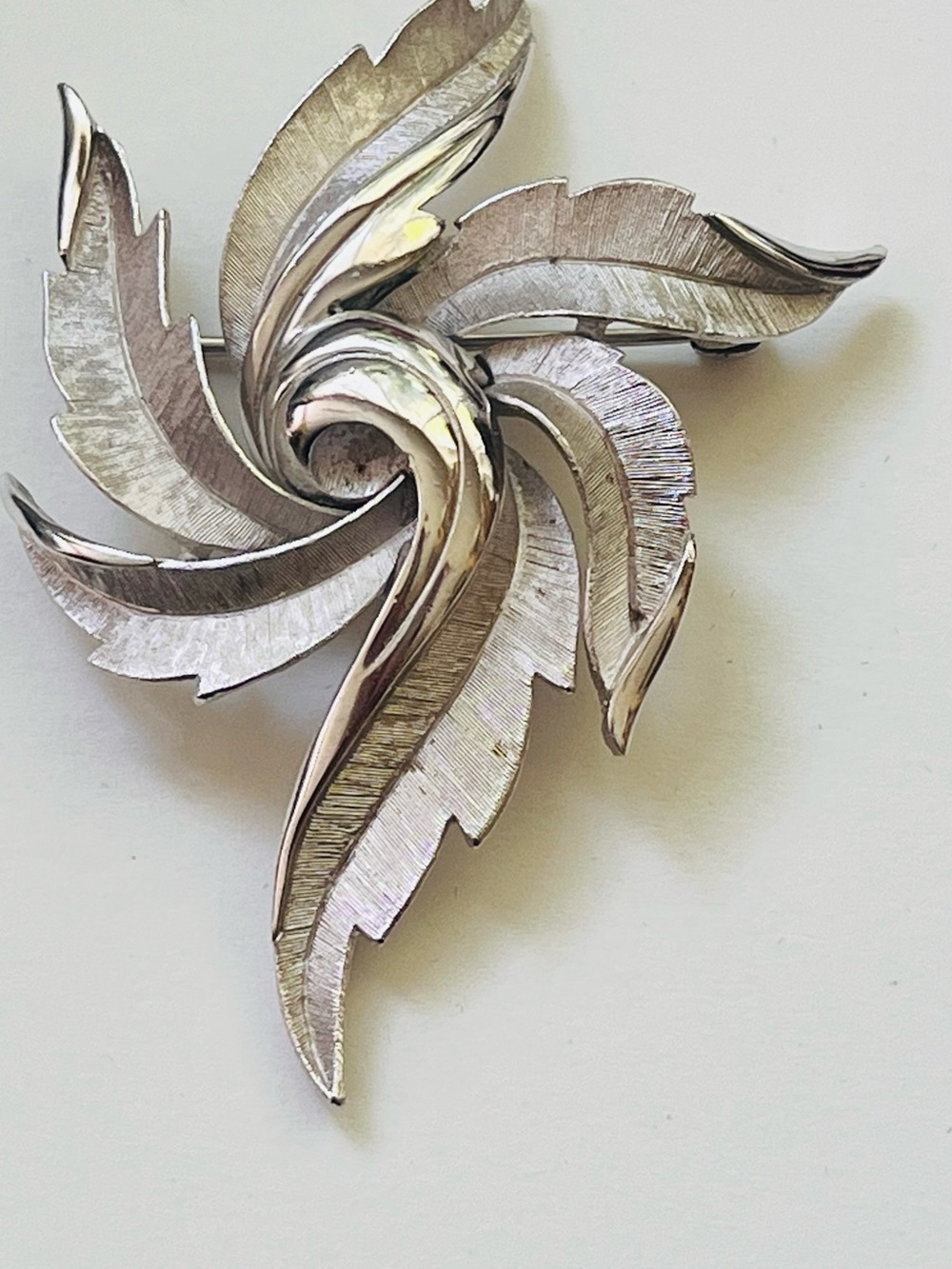 Trifari Silver Tone Swirl Leaf Brooch